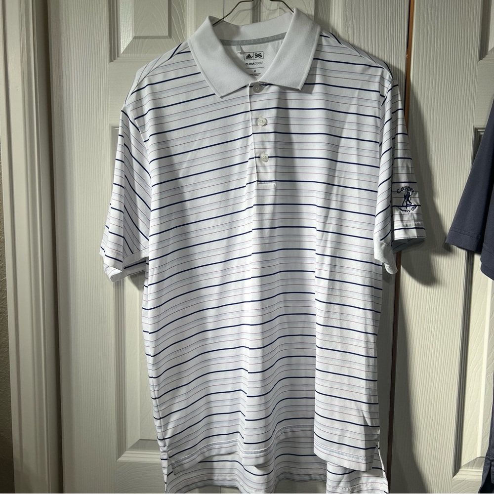Adidas Golf Climacool Men M white & Navy Striped Polo Shirt with logo Activewear